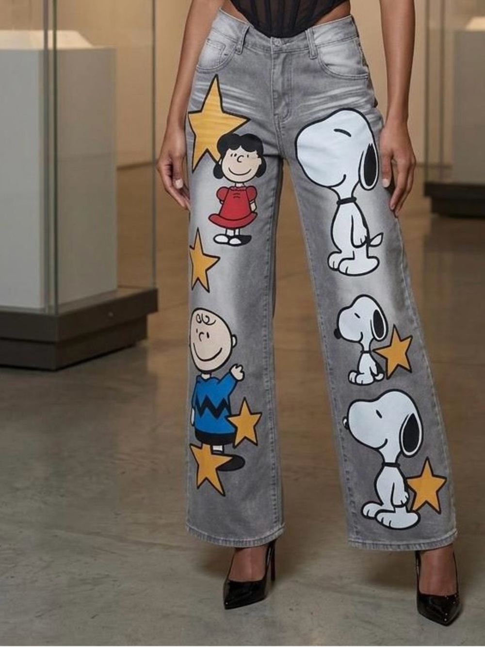 Gray Graphic Wide-Leg Jeans with Peanuts Characters